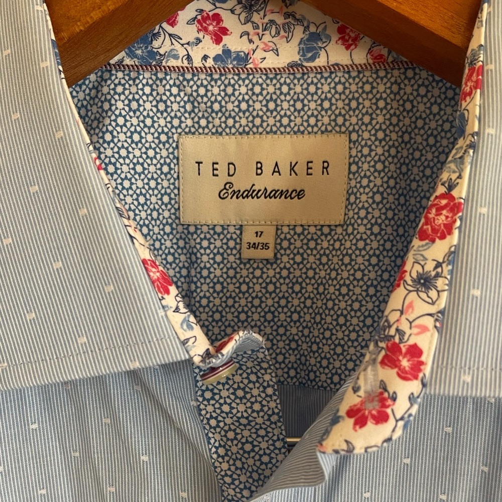 Ted Baker Endurance Blue Microstripe Dress Shirt – Floral Trim – Size 17 (34/35) - Picture 3 of 10